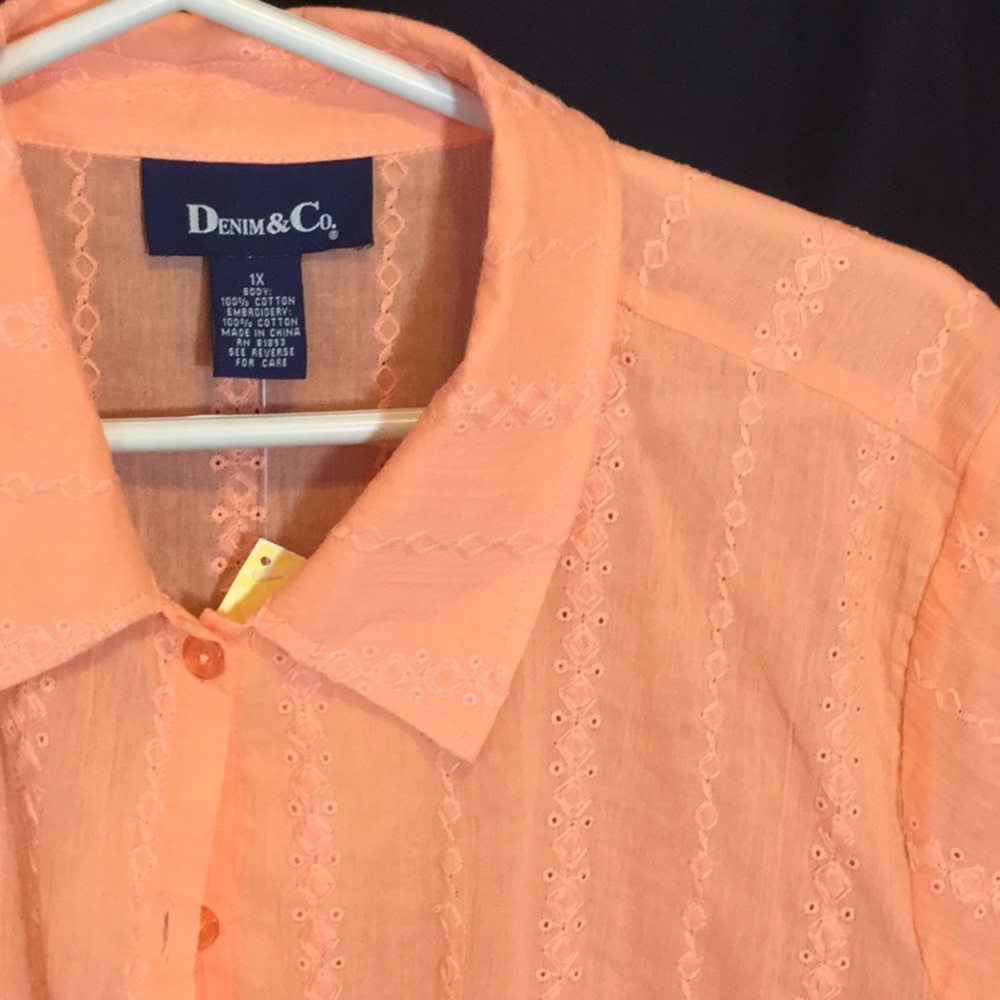 Denim&Co peach/salmon color embroidery shirt sz 1X